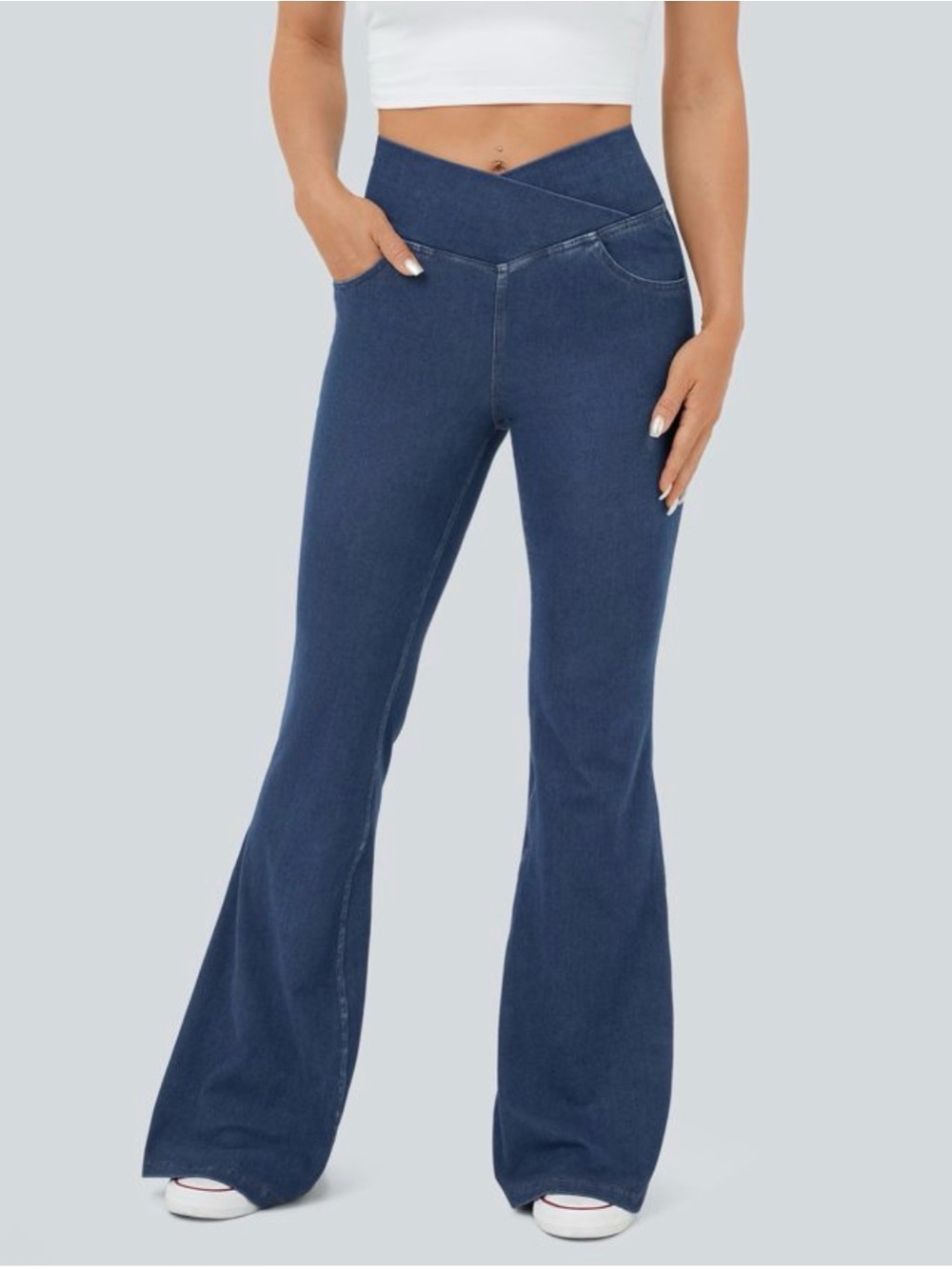 Halara Flex™ High Waisted Crossover Pocket Cool Touch Washed Denim Flare